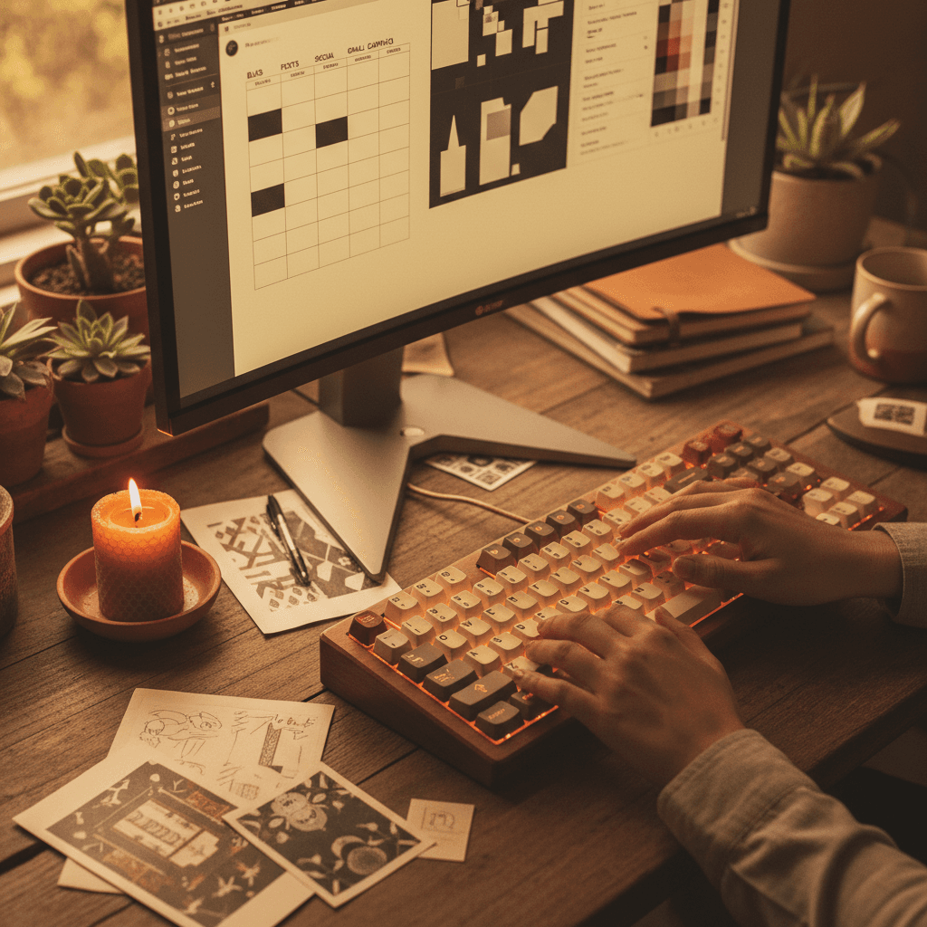 Content creation workspace with hands on keyboard