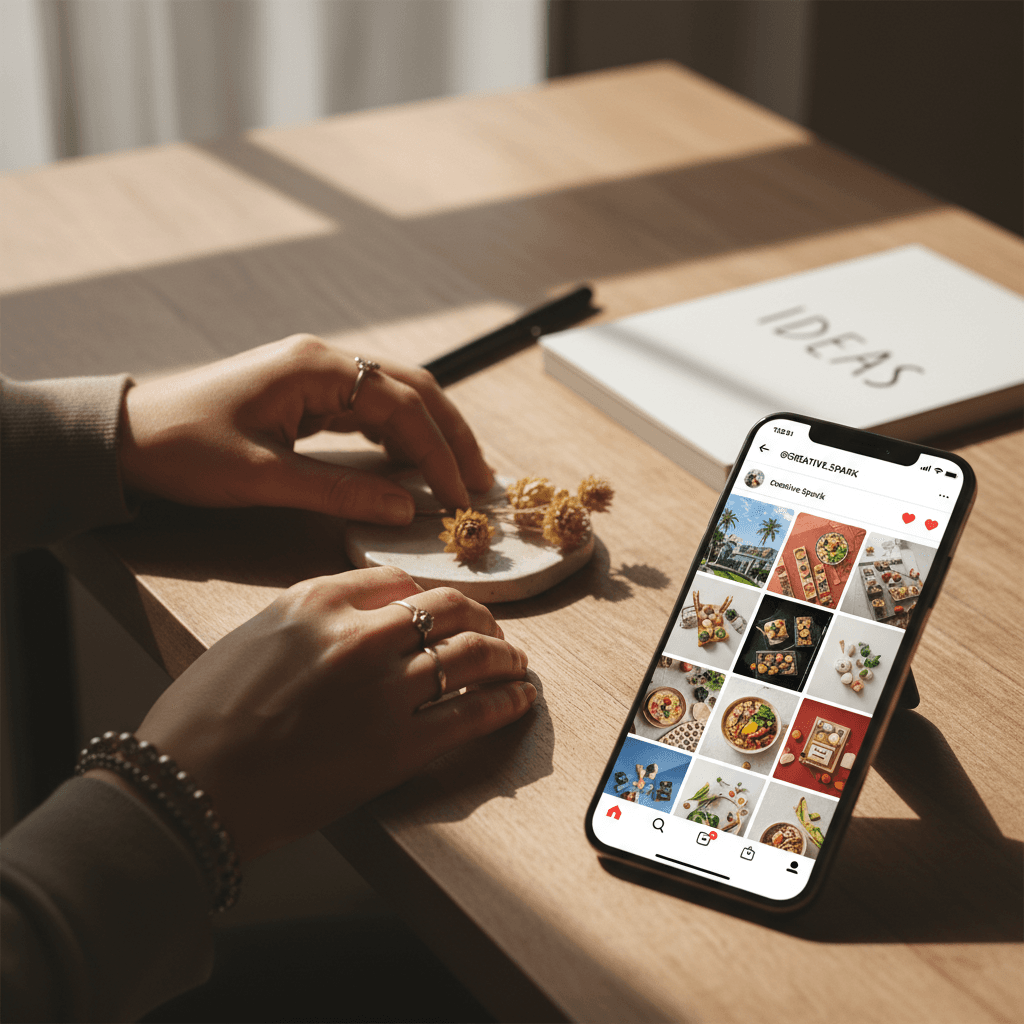 Content creator arranging digital media on workspace