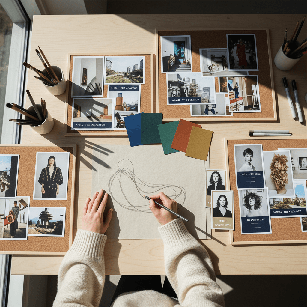 Brand strategy planning with sketches and mood boards