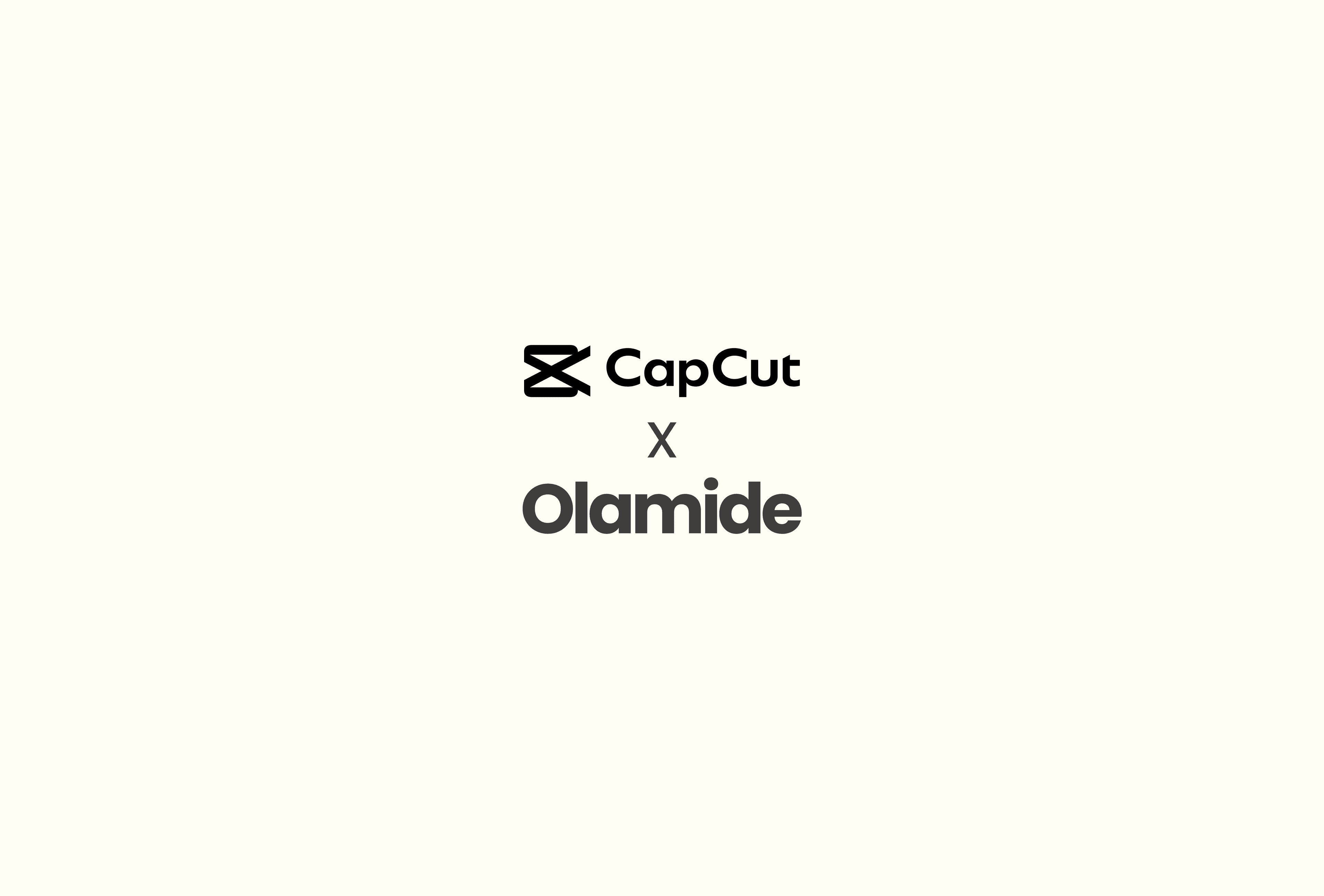 Black CapCut logo and text above an X and the name Olamide on white background.