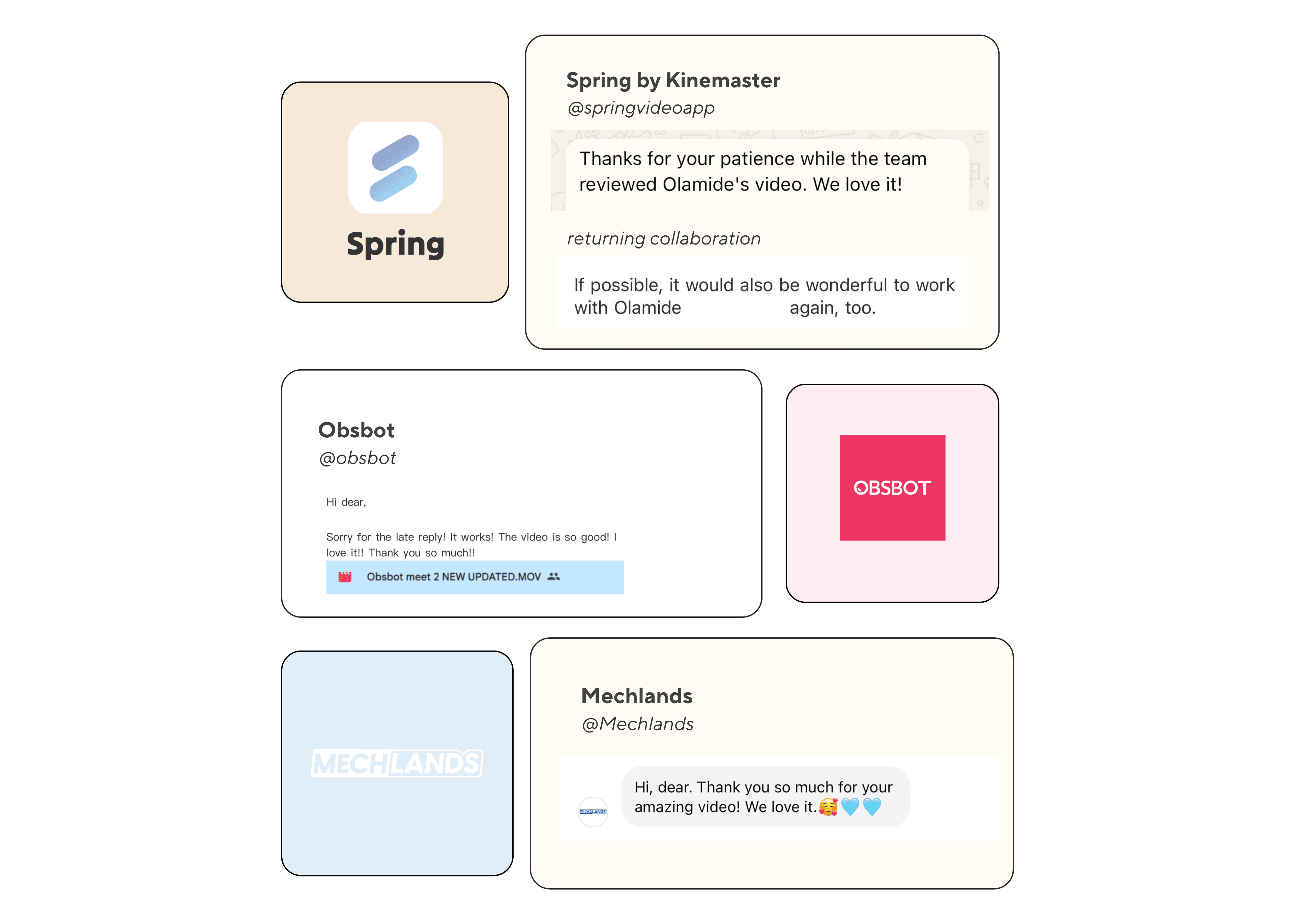 Collage of brand logos and positive feedback messages from Spring, Obsbot, and Mechlands regarding videos.